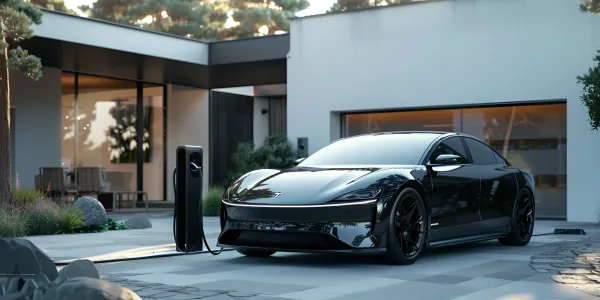 Modern electric car charging from station outdoors